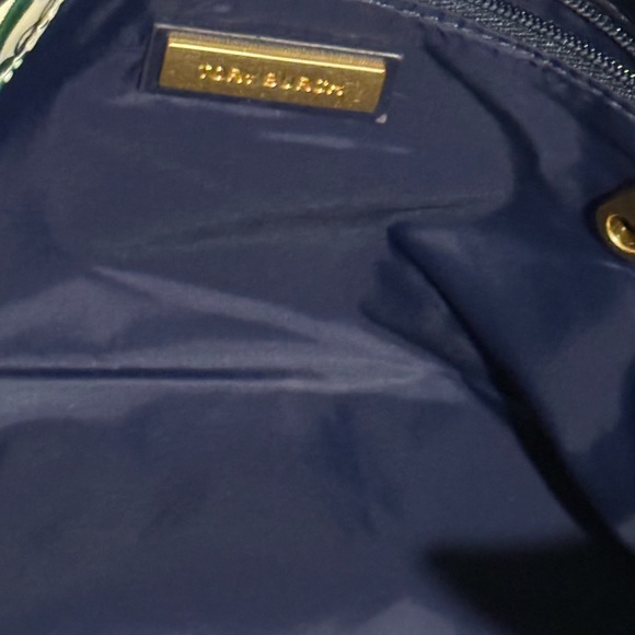 Tory Burch Cream Floral Canvas Tote with Navy Leather Trim - Picture 2 of 3